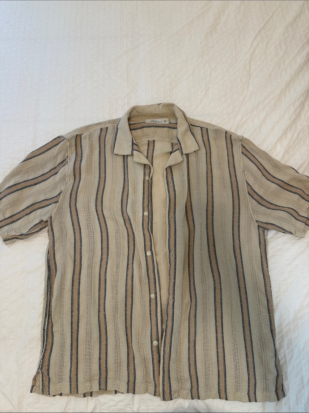 Abercrombie & Fitch Beige Short-Sleeve Button-Down with Navy & Brown Stripes